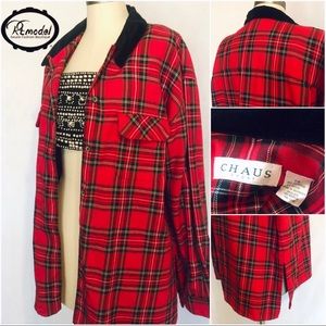 Vintage boyfriend Plaid Top with Velveteen Collar